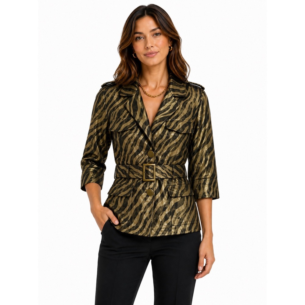 Robert Louis Gold Metallic Zebra Print Linen Blend Safari Belted Blazer Jacket M
